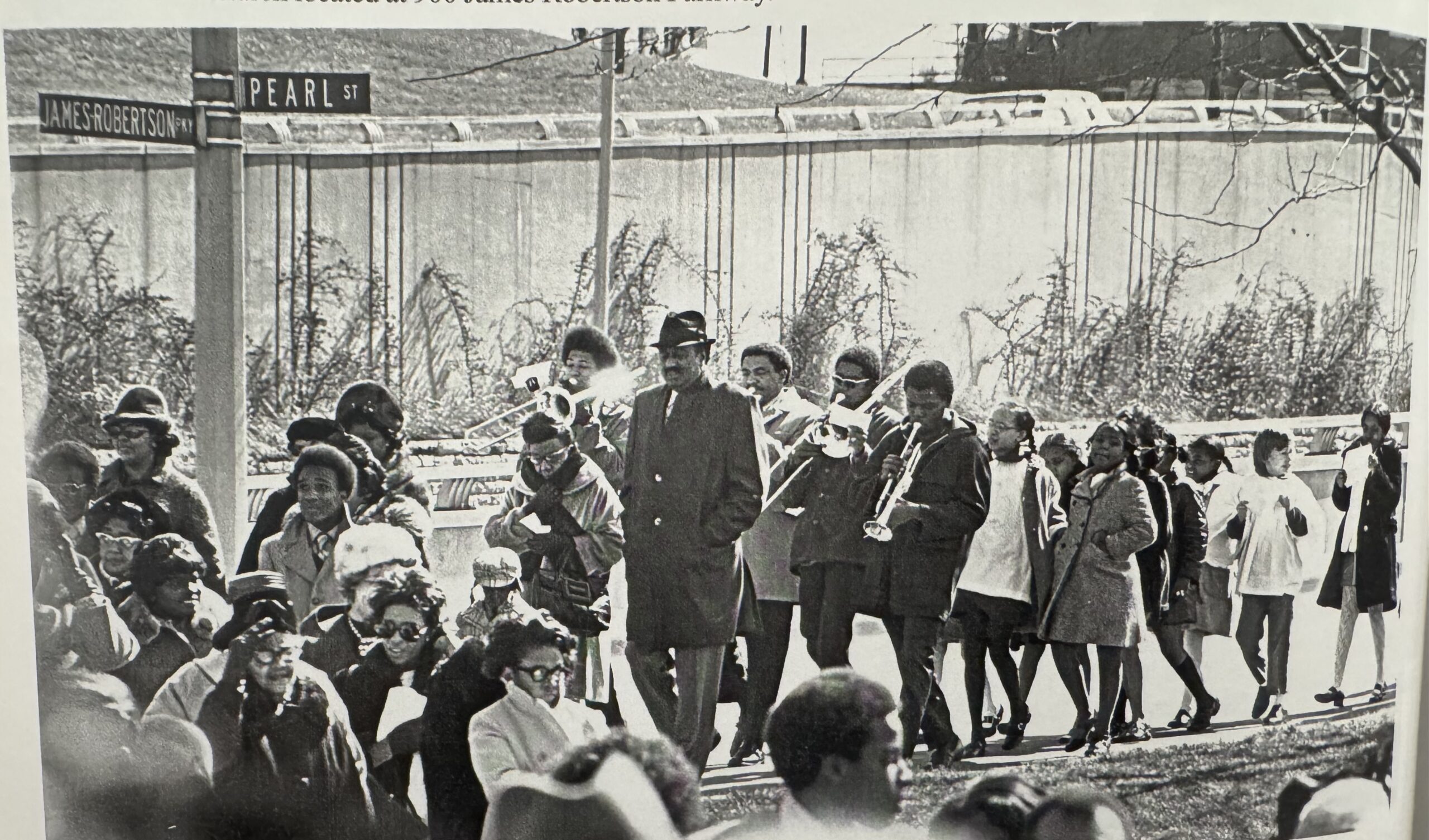 First Baptist Church Capitol Hill members and friends march from the old church on Eighth Avenue, North on March 5, 1972 to the new church located at 900 James Robertson Parkway